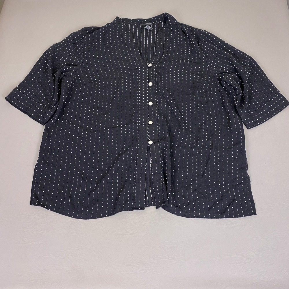 Maggie Barnes Blouse Top Women 2X Black White Dot Striped Button Up Short Sleeve